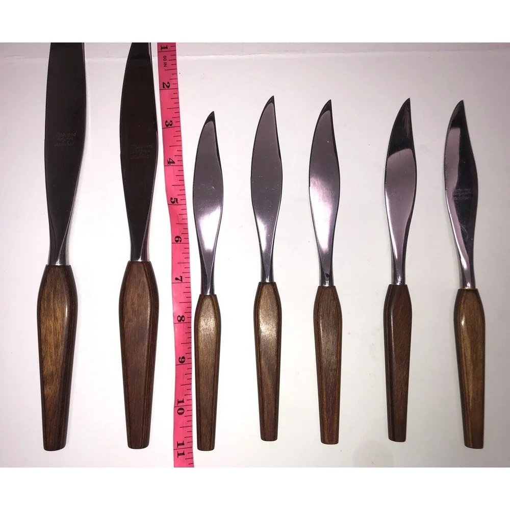 Vintage MCM Fleetwood  Teak Handles 5 Pc Steak Knife & 2‎ Carving Knife Set